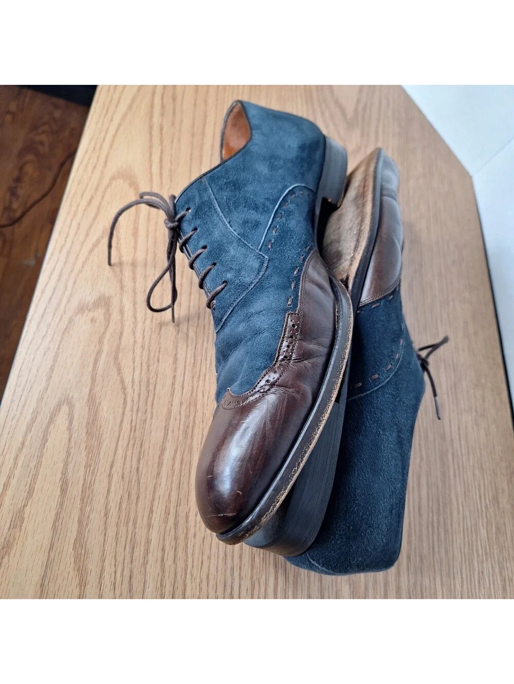 MEZLAN Men's 10.5 M Blue Suede Brown Leather Wingtip Oxford Dress Shoes Spain